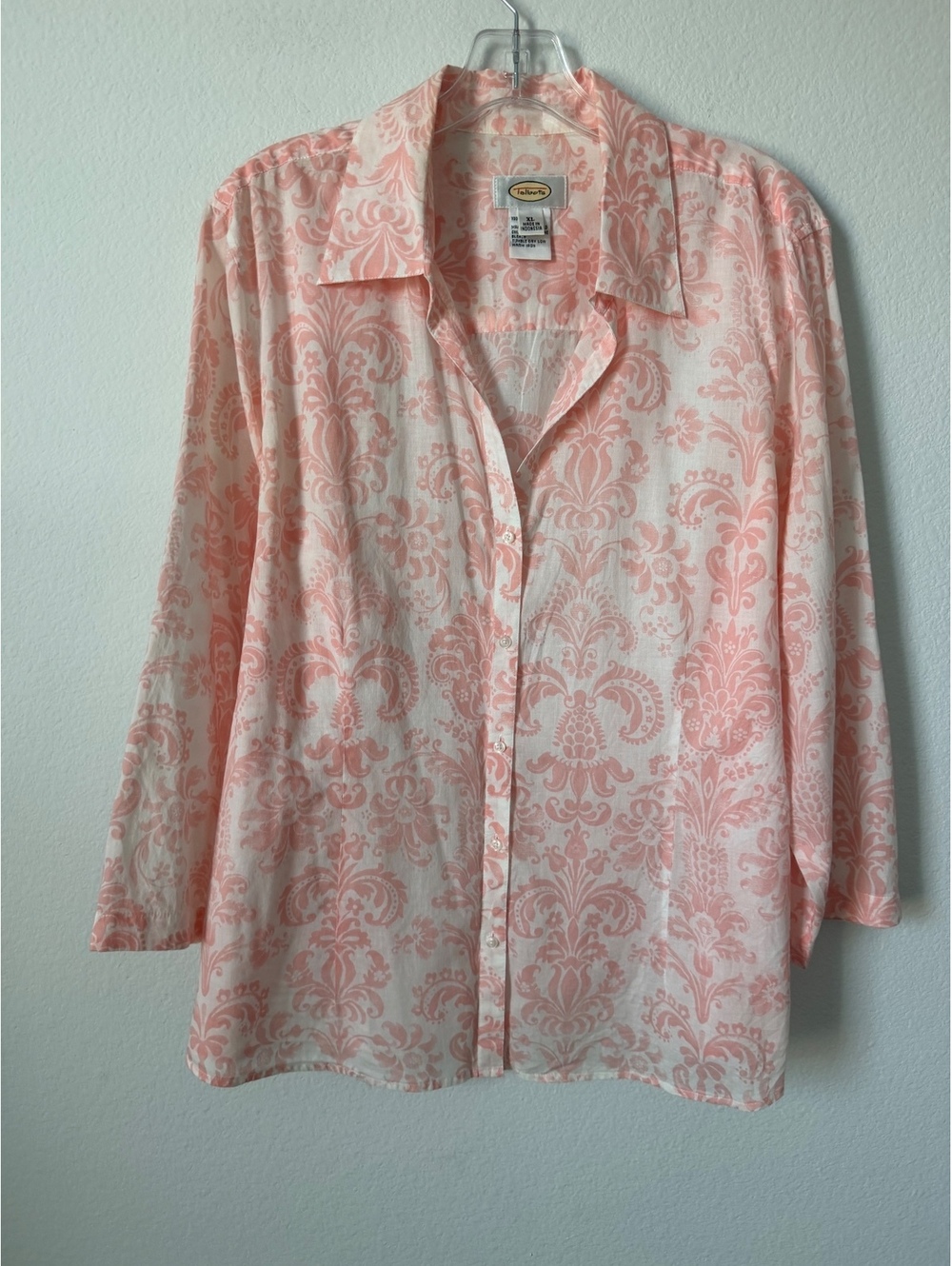 Talbots Pink/White Damask Print 3/4 Sleeve Button Up Sheer Cotton Shirt Size XL